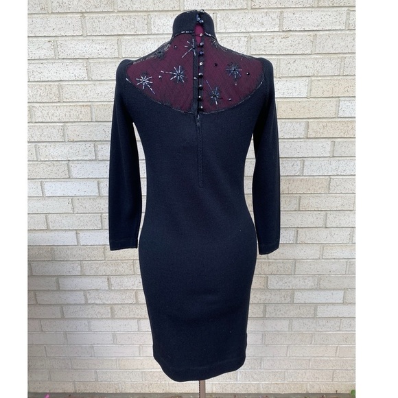 St. John Vintage Black Dress Size 2 Illusion Sparkly Snowflake Mock Turtleneck - Picture 5 of 17